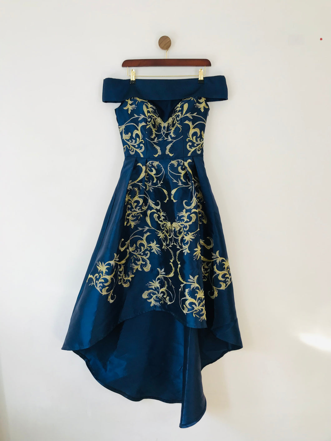 Chi Chi London Women's Off Shoulder Floral Embroidered Evening Maxi Dress | UK10 | Blue