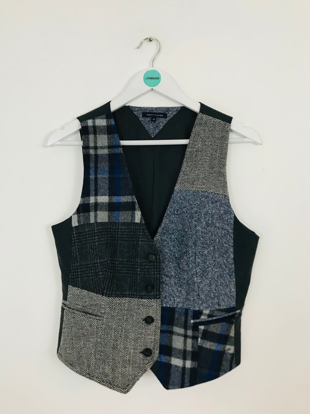 Tommy Hilfiger Women’s Patchwork Wool Vest Waistcoat | 10 UK12 | Grey Blue