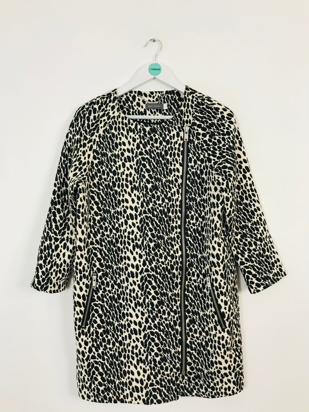 Mint Velvet Women’s Leopard Print Longline Jacket Overcoat | UK10 | Black