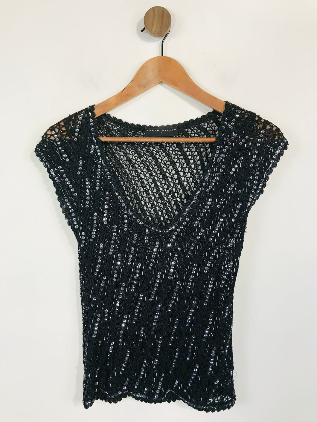 Karen Millen Women's Beaded Sequin Knit Blouse | 3 UK12 | Black
