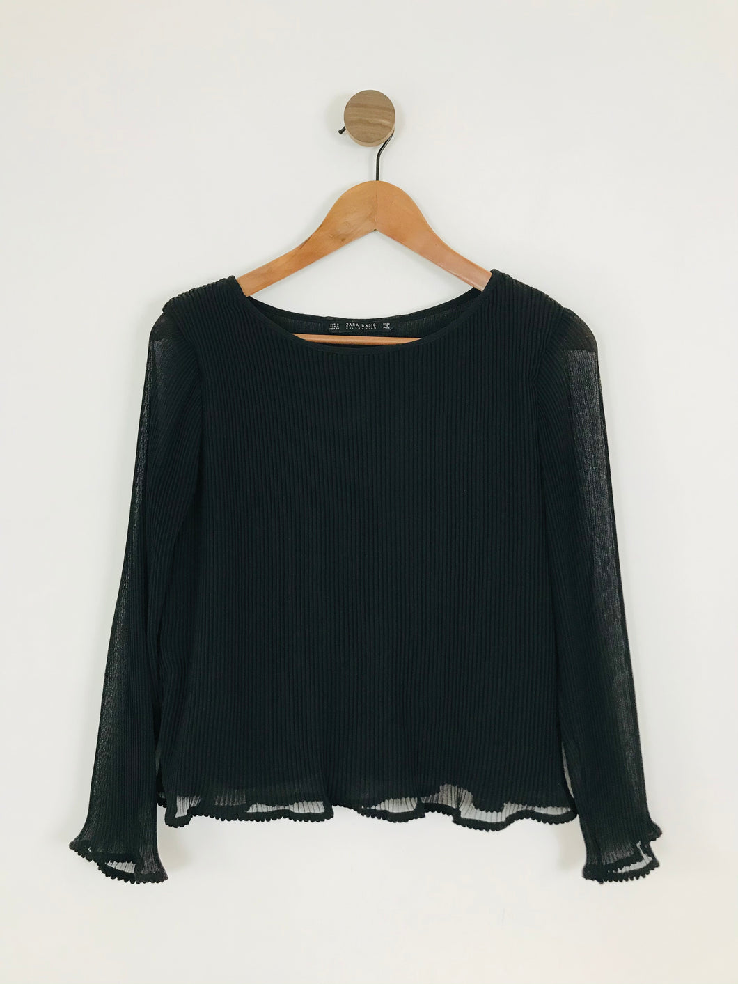 Zara Women’s Pleated Long Sleeve Blouse | S UK8 | Black
