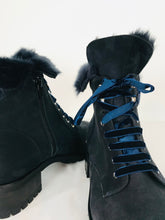 Load image into Gallery viewer, Russell &amp; Bromley Women’s Leather Fur Combat Boots | 39.5 UK6.5 | Navy Blue
