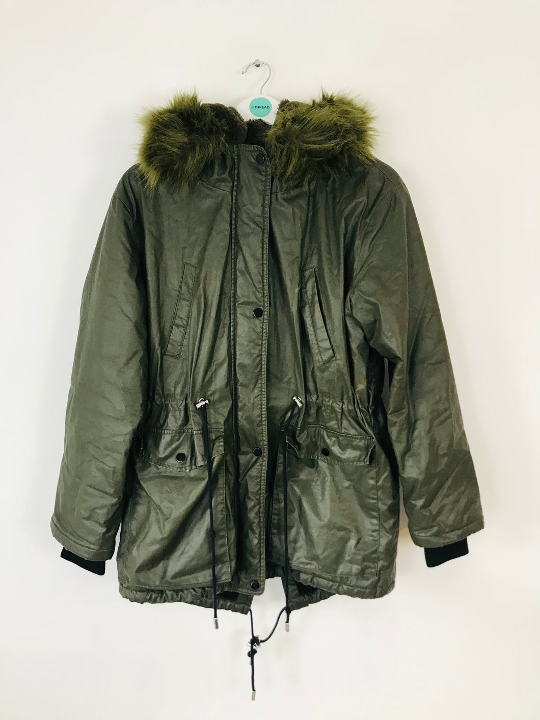 Whistles Women’s Waxy Faux Fur Hooded Parka Coat | M UK10-12 | Khaki Green