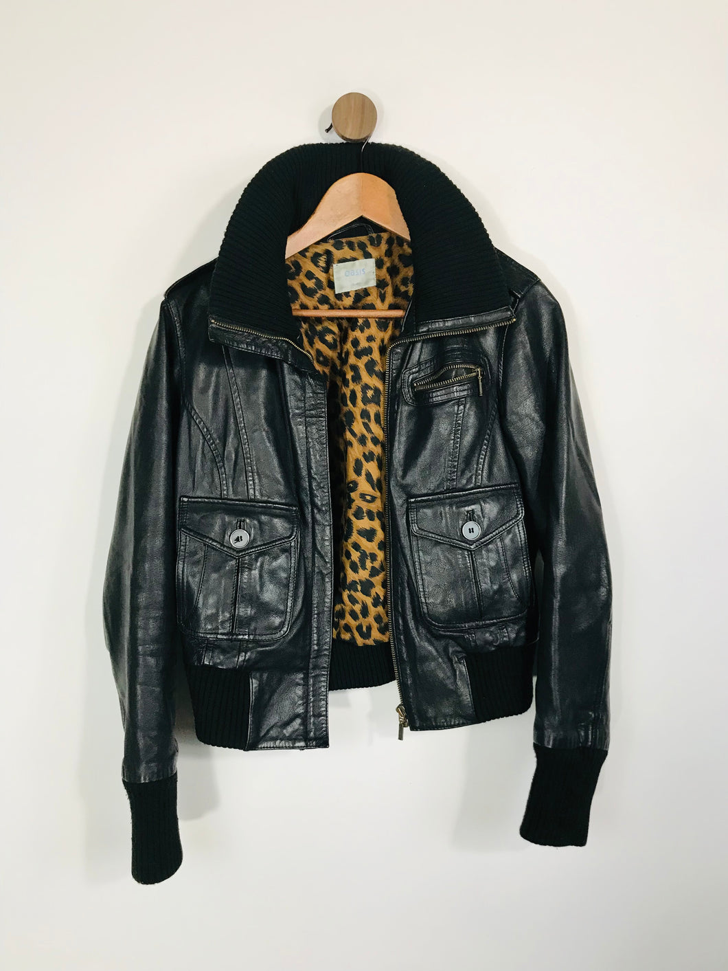 Oasis Women's Leather Leopard Print Biker Jacket | UK14 | Black