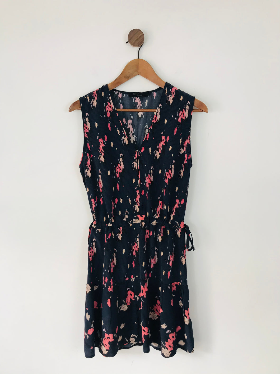 AllSaints Women’s Silk Floral V-Neck Tie Waist Dress | UK10 | Navy Blue