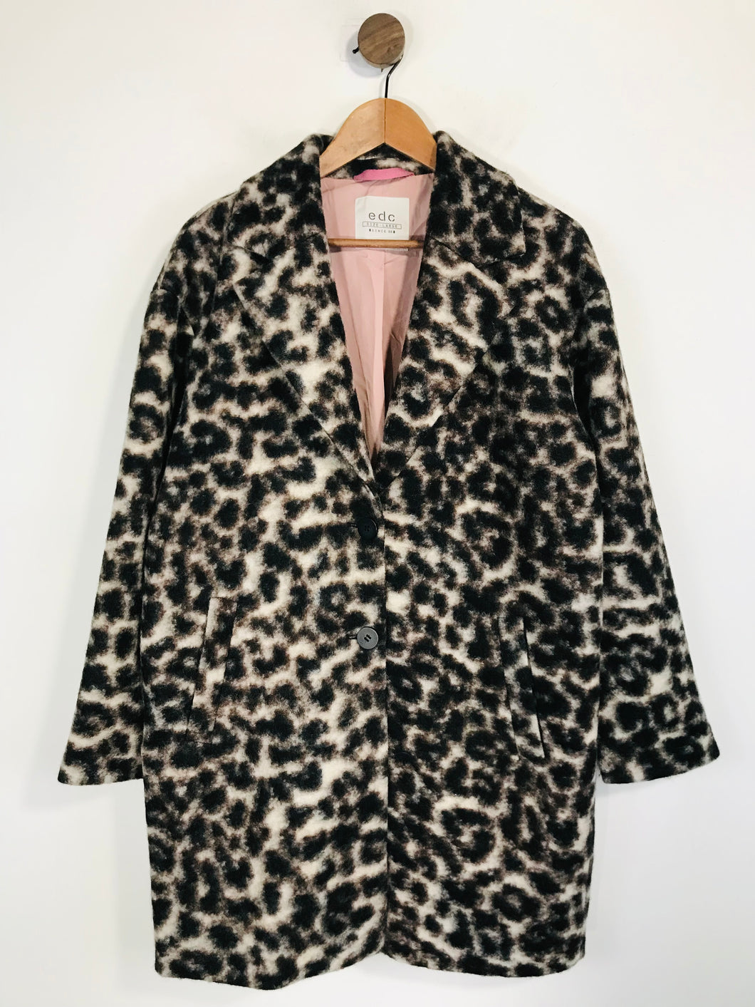 EDC Women's Wool Leopard Print Overcoat Coat | L UK14 | Brown
