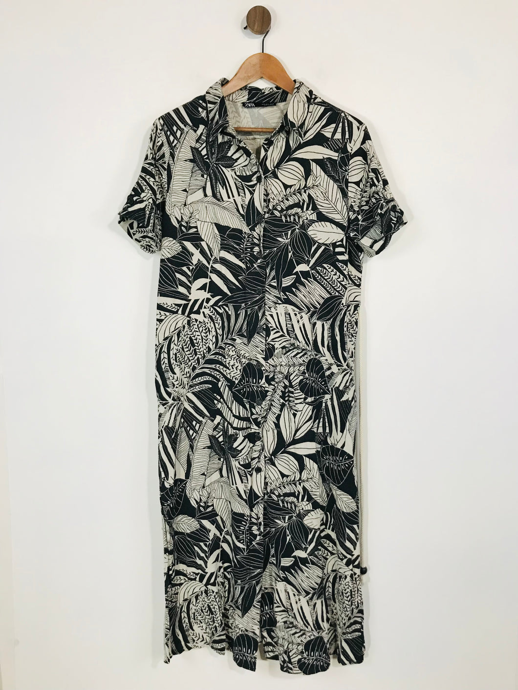 Zara Women's Linen Floral Shirt Dress | L UK14 | Black