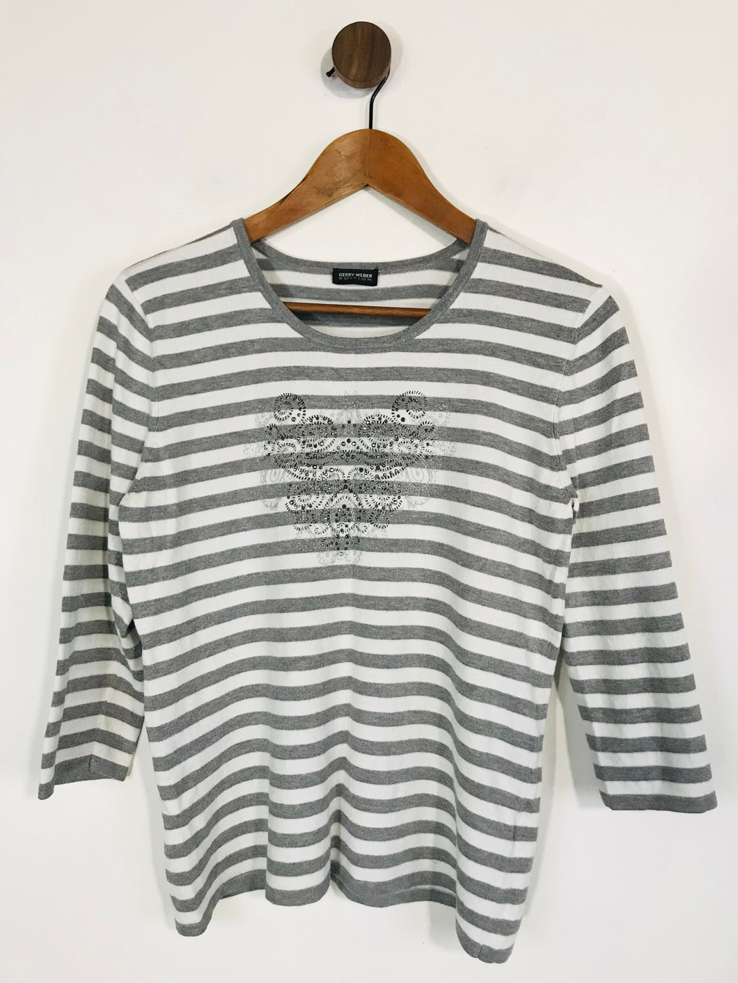 Gerry Weber Women's Striped Embellished Front T-Shirt  | UK12  | Grey