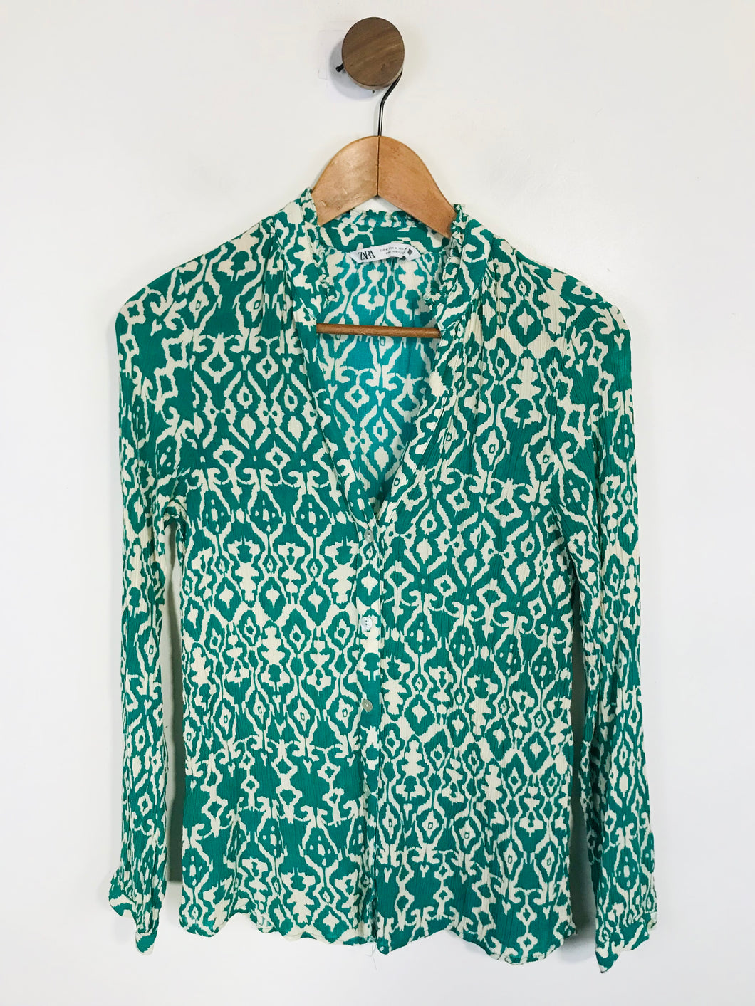 Zara Women's Boho Crinkled Button-Up Shirt | M UK10-12 | Green