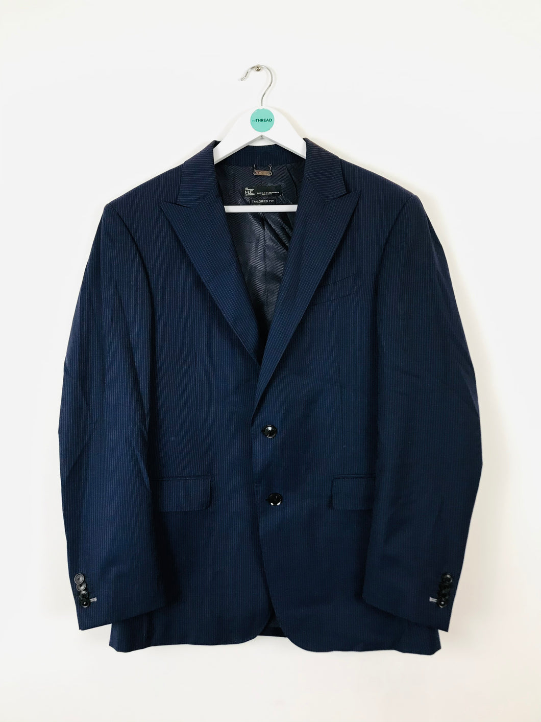 H.E by Mango Wool Stripe Suit Jacket Blazer | UK40 L | Blue