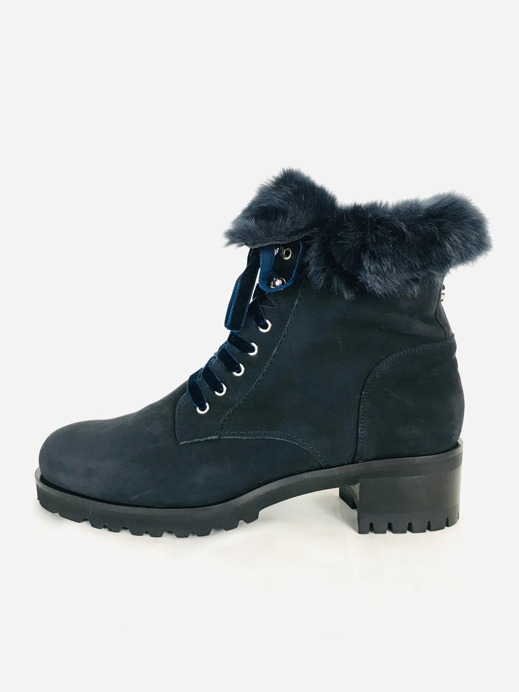 Russell & Bromley Women’s Leather Fur Combat Boots | 39.5 UK6.5 | Navy Blue