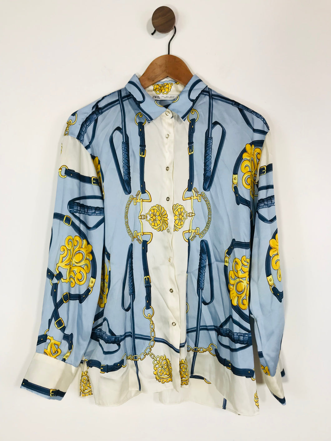 Zara Women's Scarf Print Satin Button-Up Shirt | L UK14 | Blue