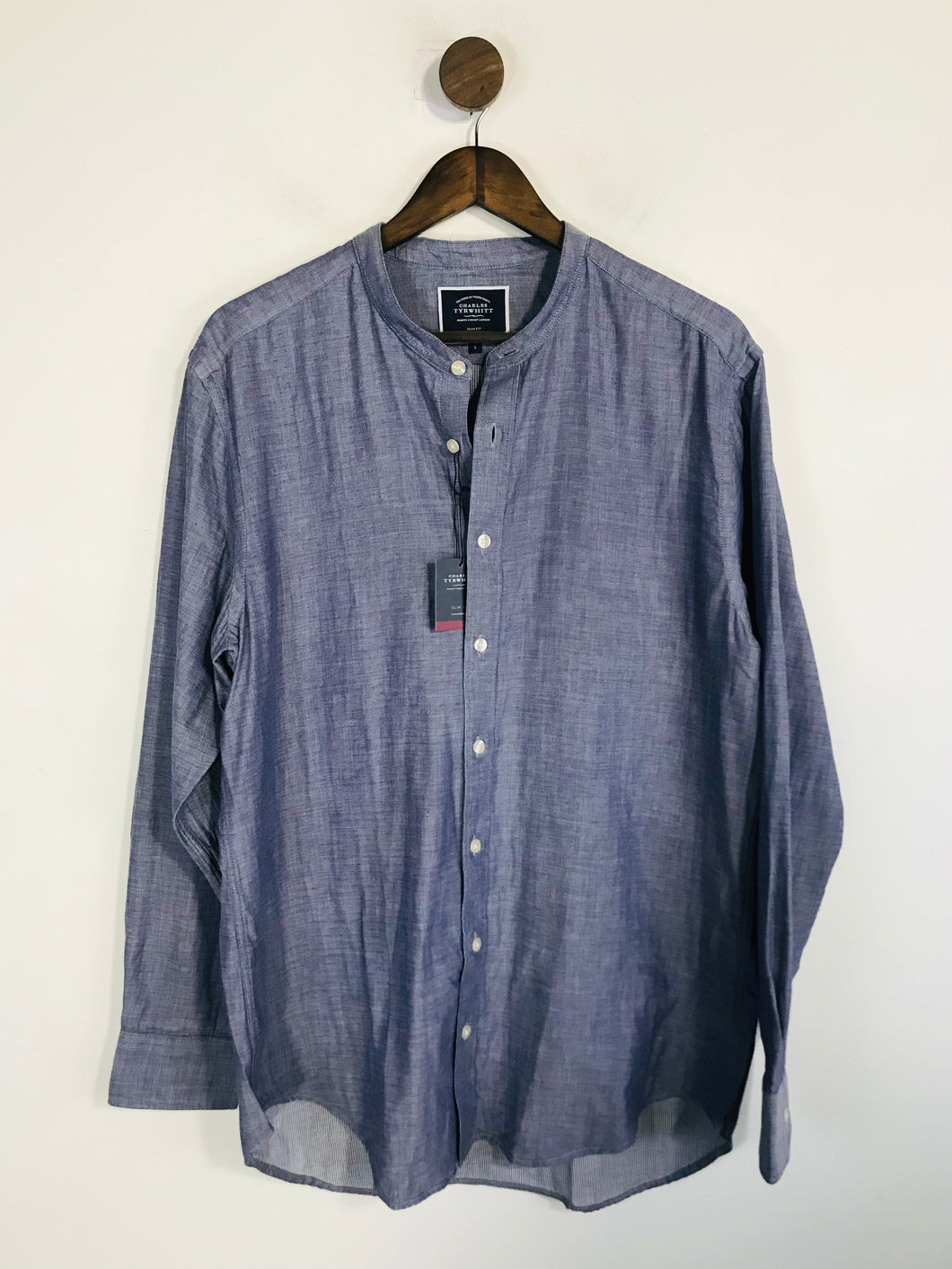 Charles Tyrwhitt Men's Slim Fit Collarless Button-Up Shirt NWT | L | Blue