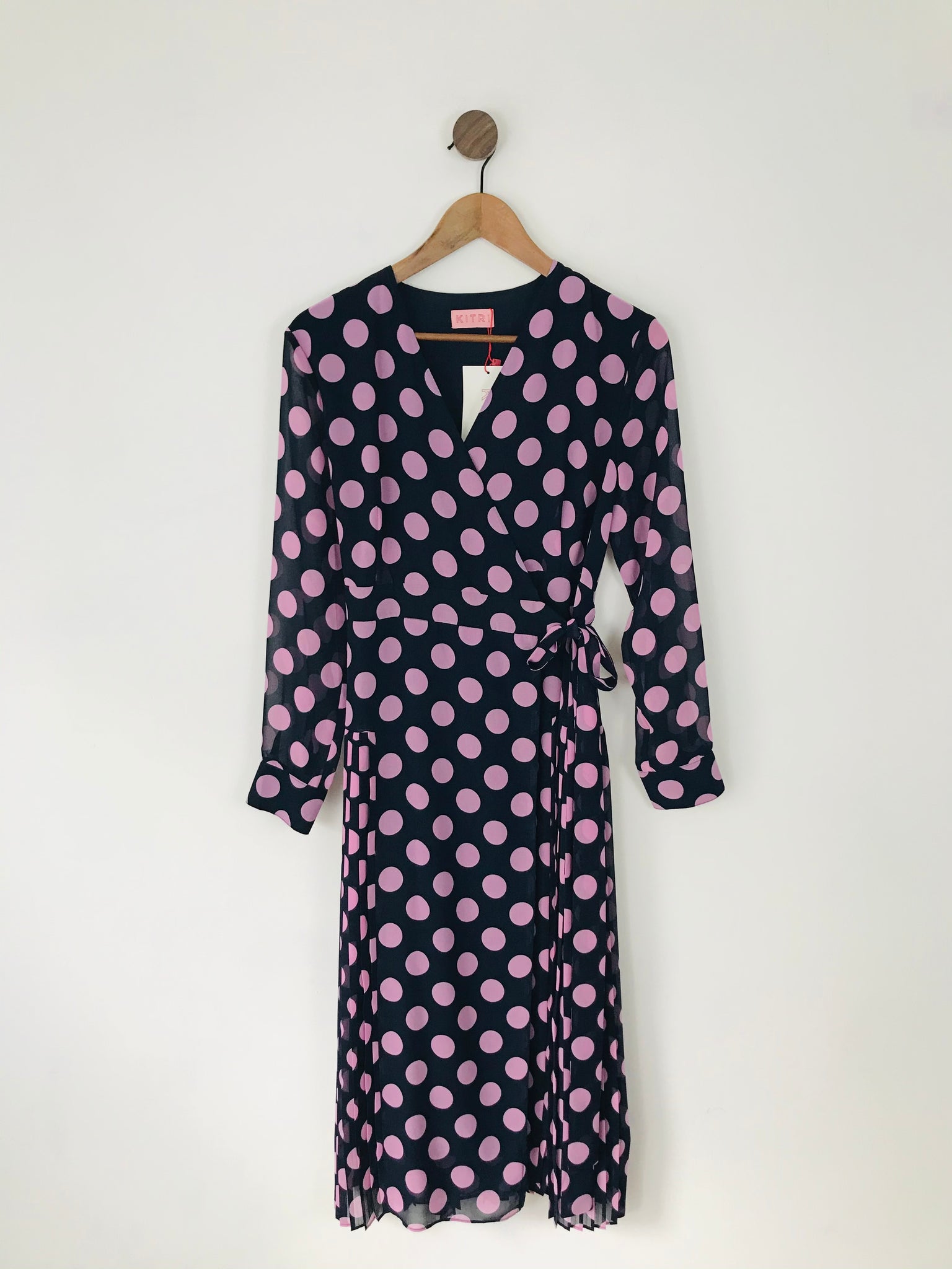 Kitri Women's Polka Dot Midi Wrap Dress NWT | UK10 | Navy Blue Pink ReThread Kitri Women's Polka Dot Midi Wrap Dress NWT | UK10 | Navy Blue Pink ReThread