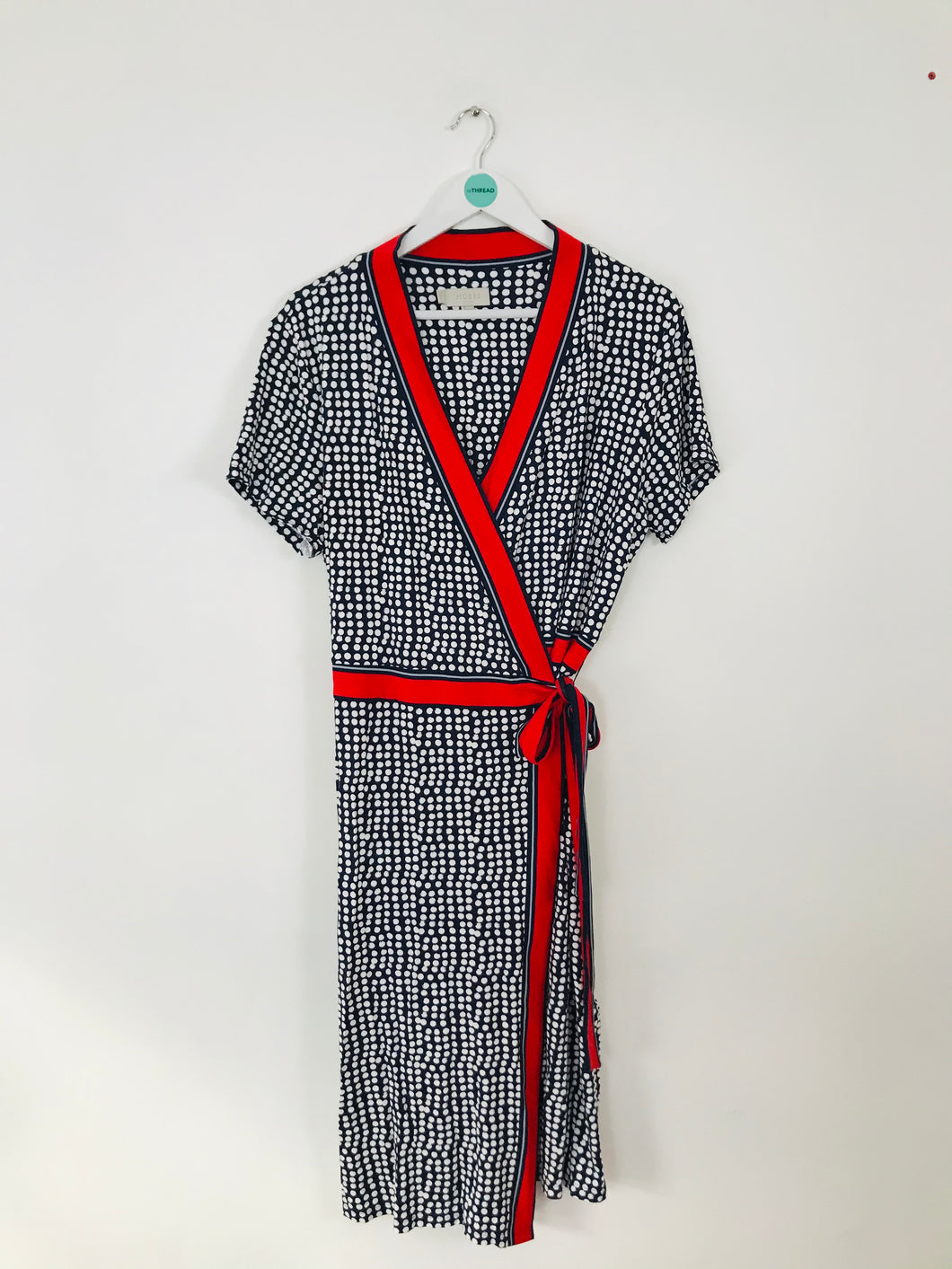 Hobbs Women’s Polka Dot Wrap Tie Dress | UK18 | Navy Red