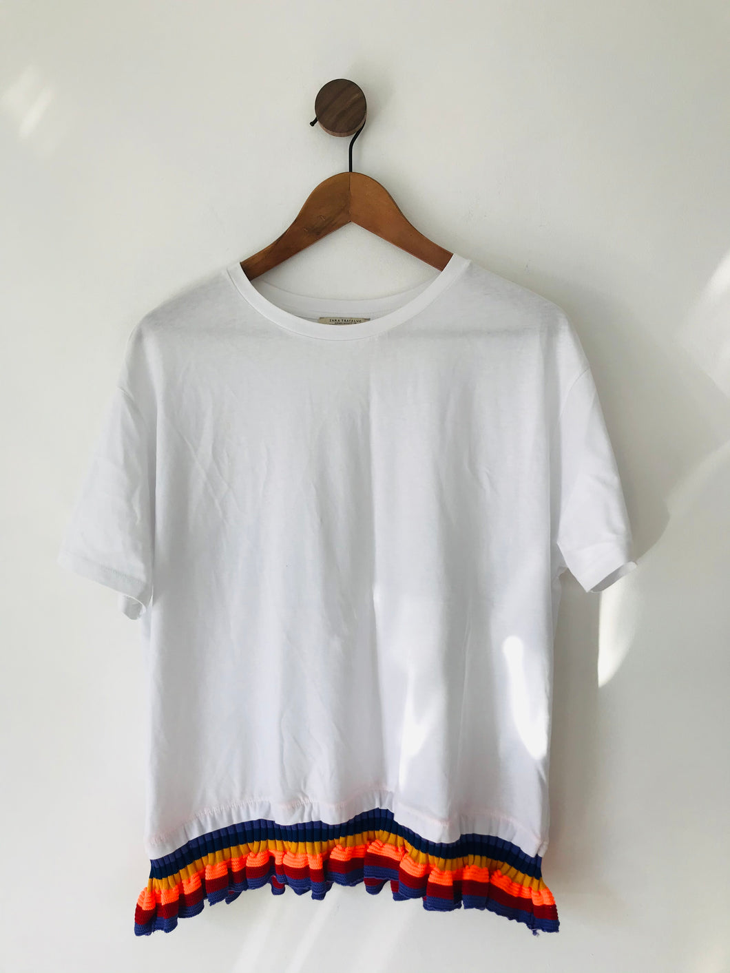 Zara Women’s Rainbow Knit Frill Hem T-Shirt | M UK10-12 | White