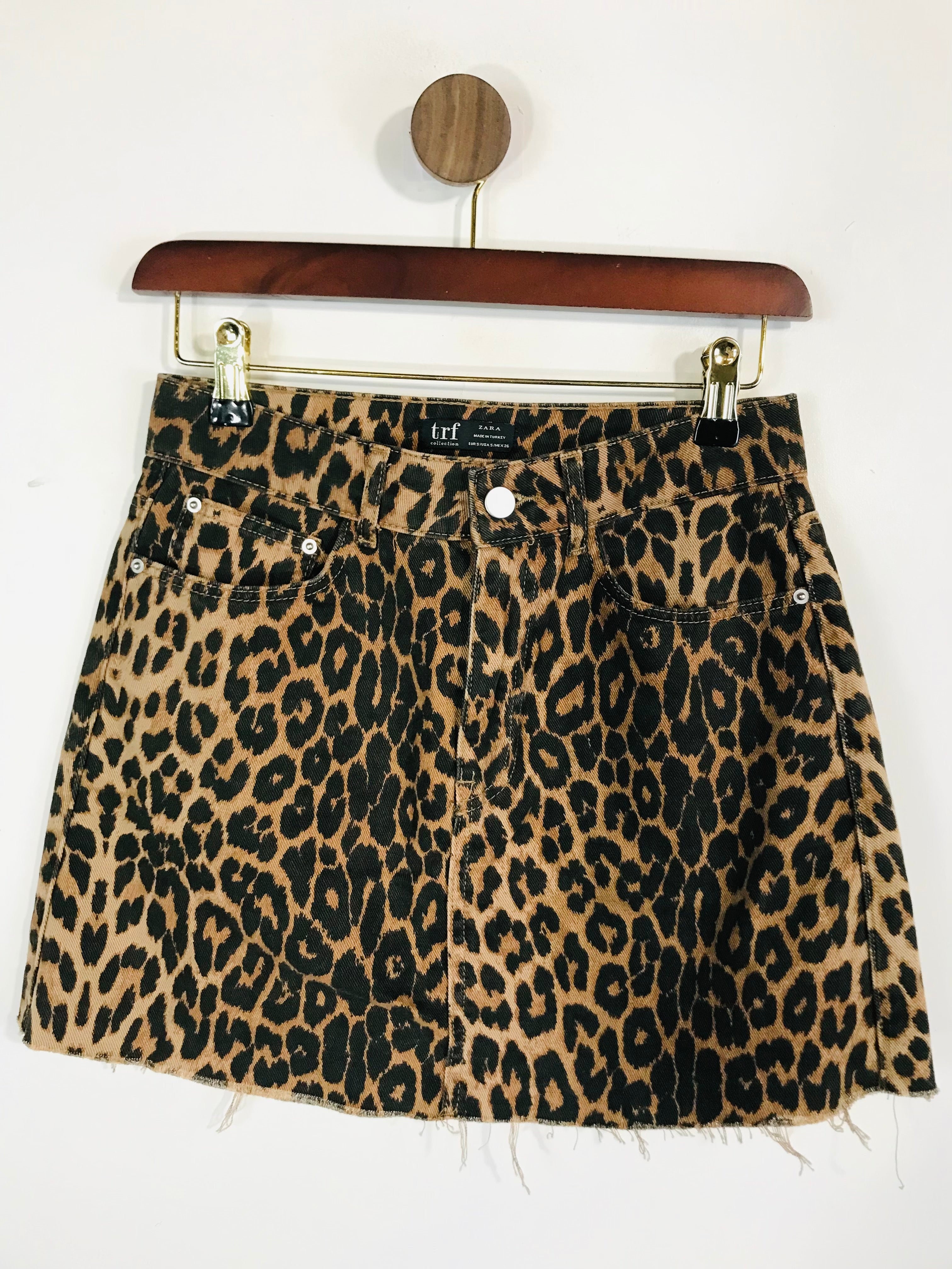 Zara Women's Denim Leopard Print Mini Skirt S UK8 Brown