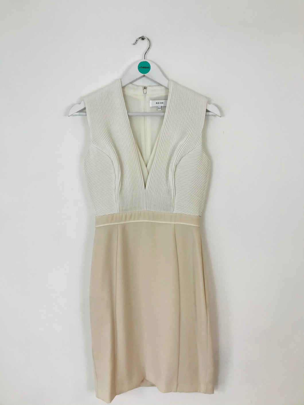 Reiss Women’s V Neck Pin-Tuck Sheath Mini Dress | UK8 | Cream White