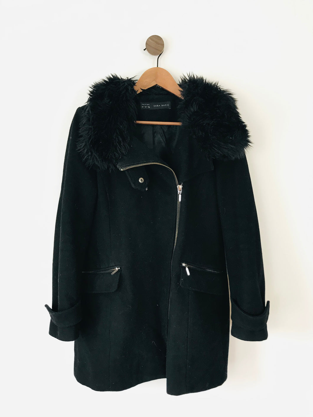 Zara Women’s Fur Hood Wool Overcoat Coat Jacket | M UK10-12 | Black