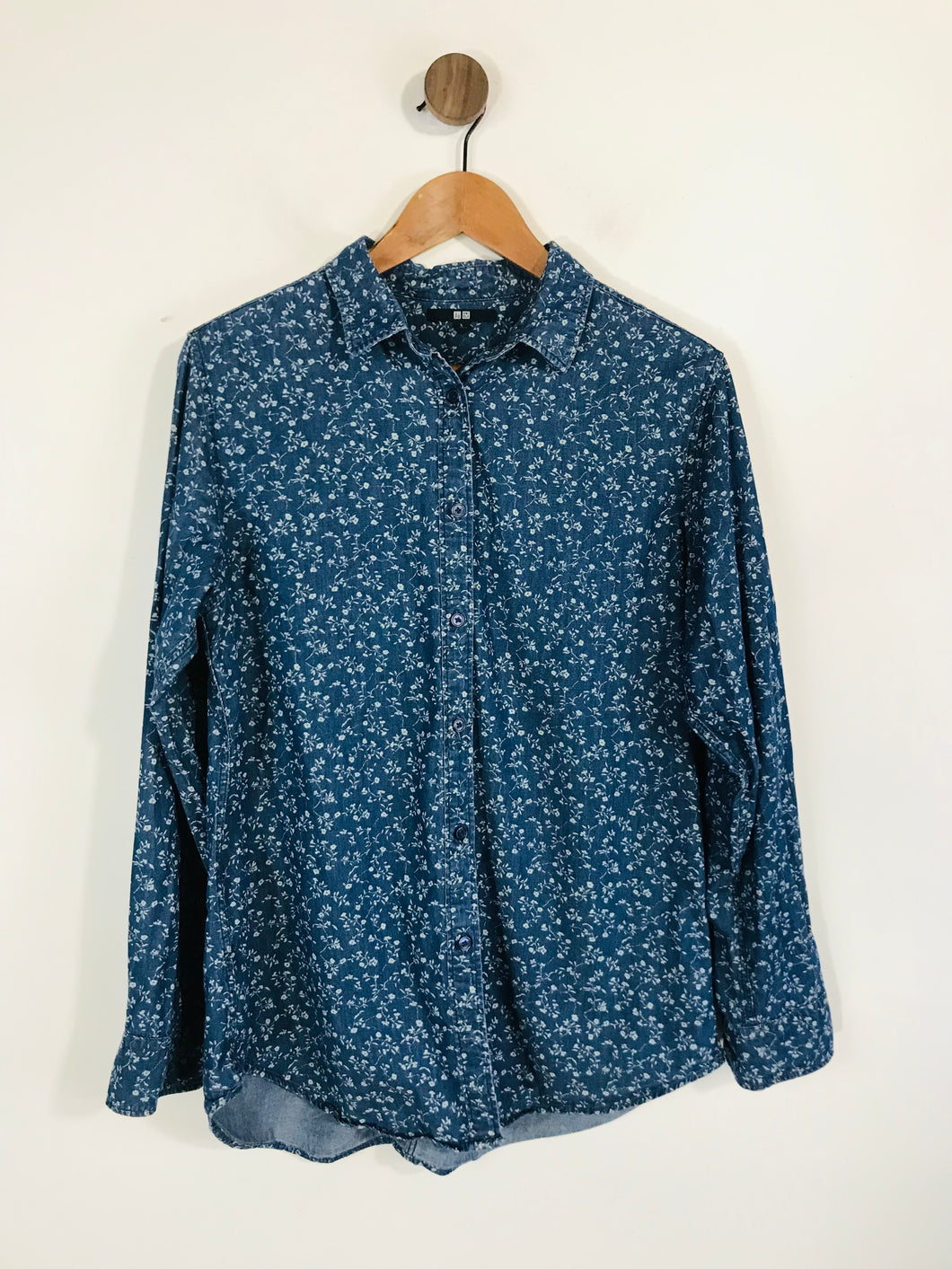 Uniqlo Women's Floral Long Sleeve Button-Up Shirt | L UK14 | Blue
