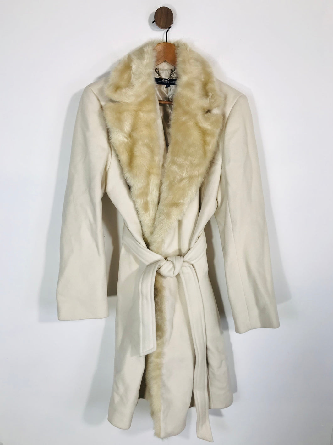French Connection Women's Faux Fur Wool Overcoat Coat | UK16 | Beige