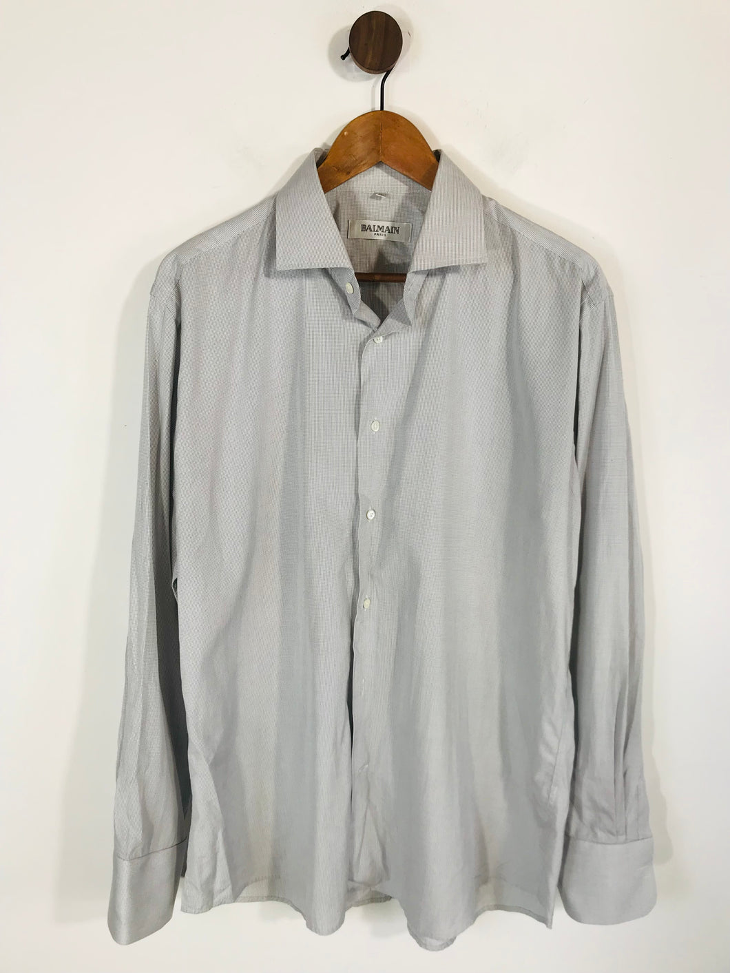 Balmain Men's Cotton Check Gingham Button-Up Shirt | XL | Grey