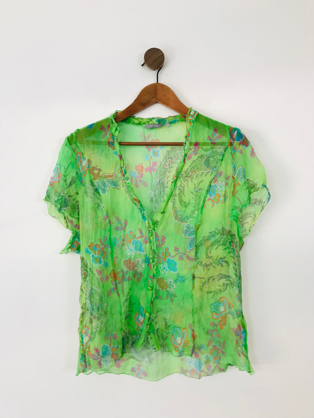 Per Una Women's Silk Sheer Floral Blouse | UK16 | Green