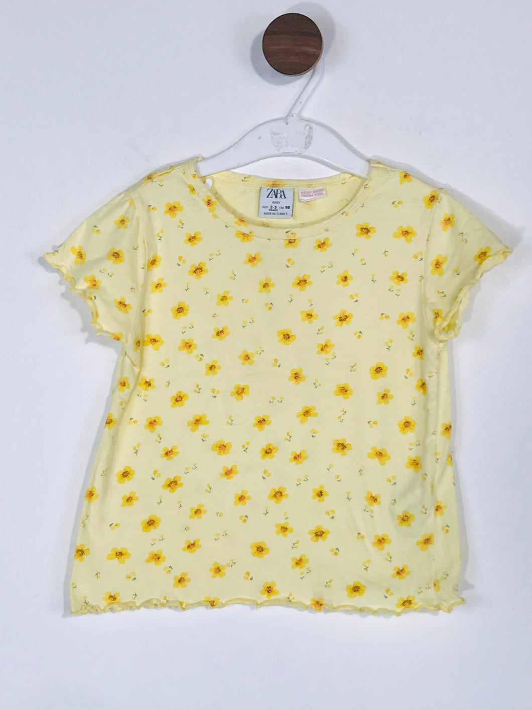 Zara Kid's Floral Lettuce Hem T-Shirt  | 2-3 Years | Yellow