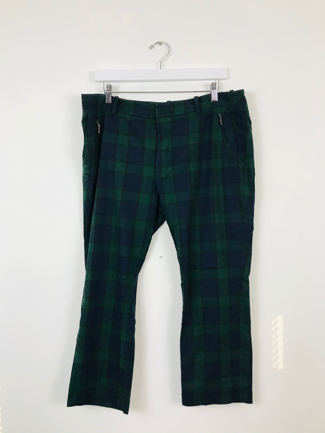 Zara Women’s Cropped Check Slim Tartan Trousers | XL | Green