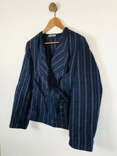 Load image into Gallery viewer, Jaeger Women&#39;s Linen Striped Tie Wrap Blouse | UK12 | Blue
