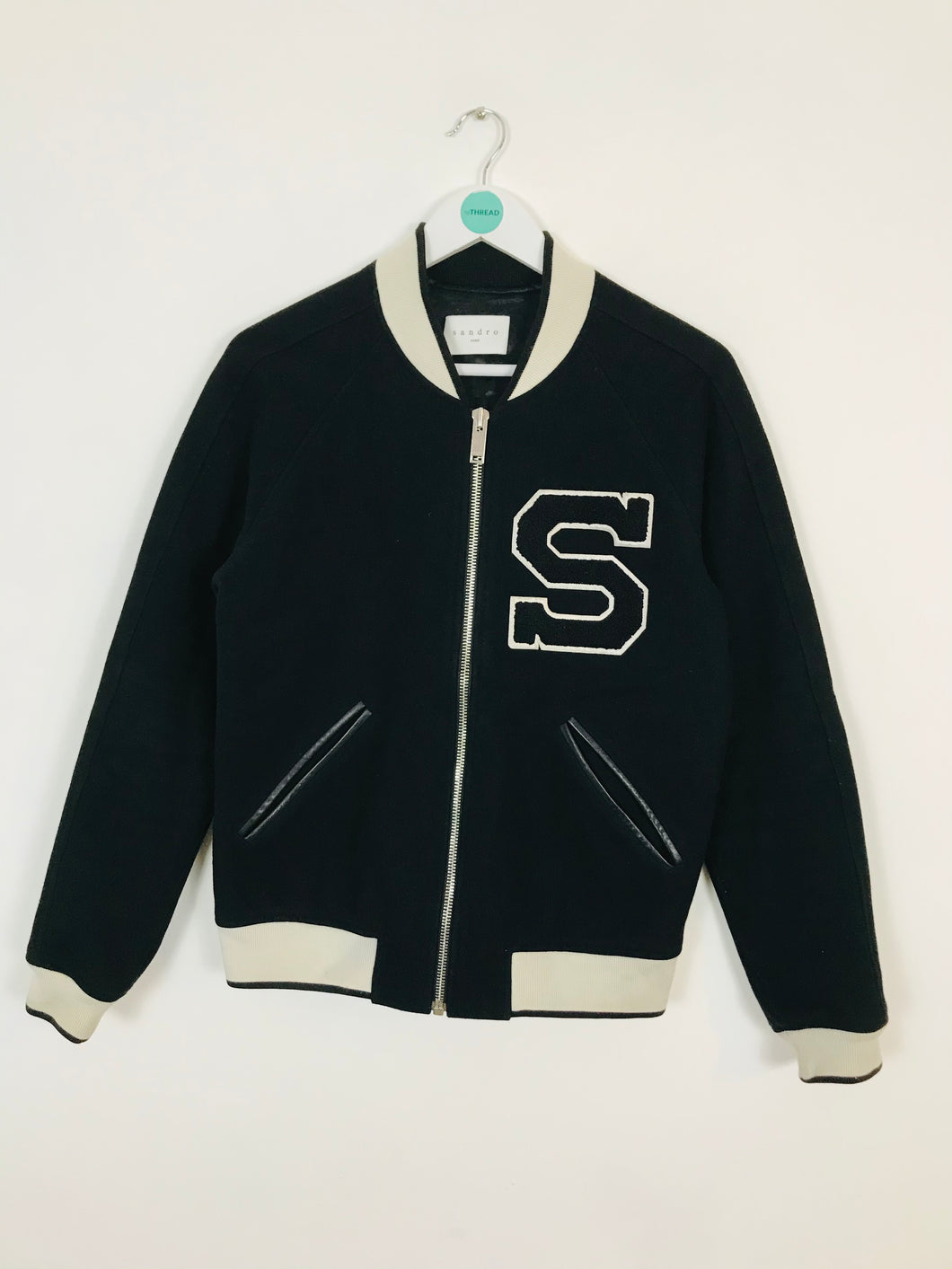 Sandro Men’s Wool Varsity Bomber Jacket | S | Black