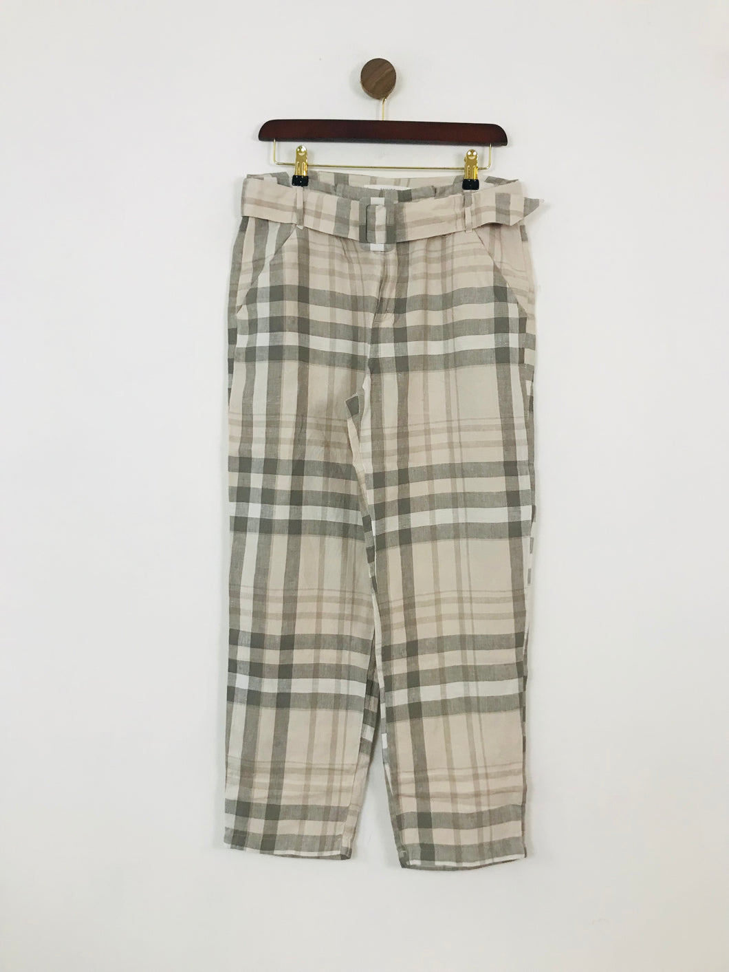 Mango Women's Linen Check Chinos Trousers | M UK10-12 | Green