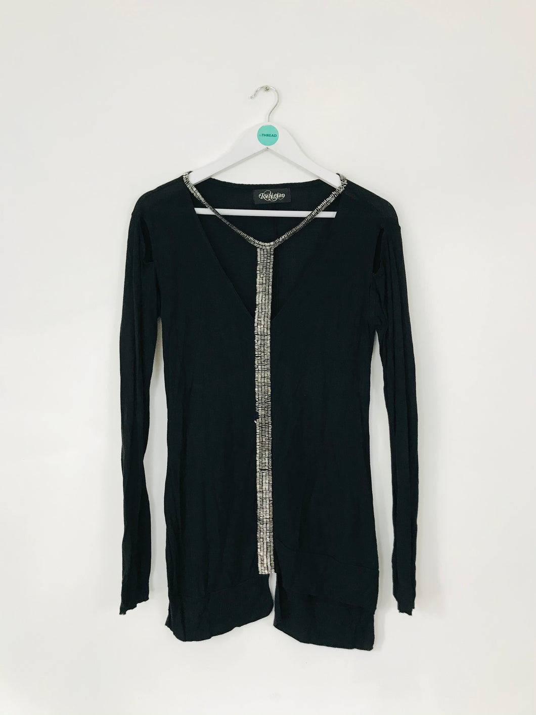 Religion Women’s Asymmetrical V-Neck Beaded Shirt | 2 UK10 | Black