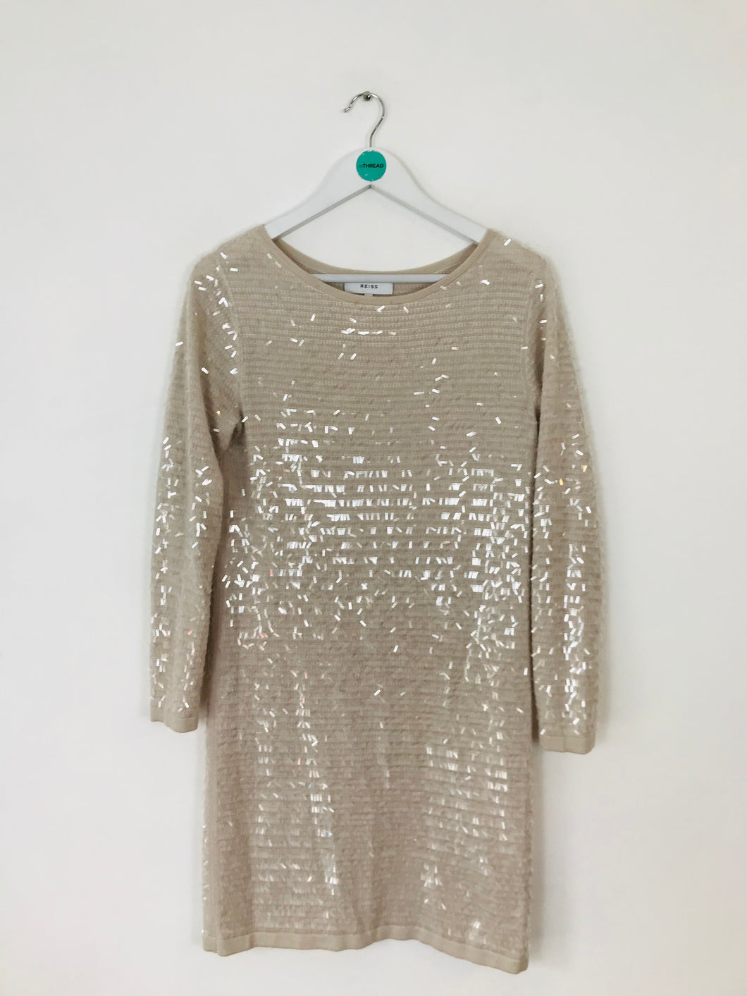 Reiss Women’s Long Sleeve Knit Sequin Dress | UK8 | Cream Beige