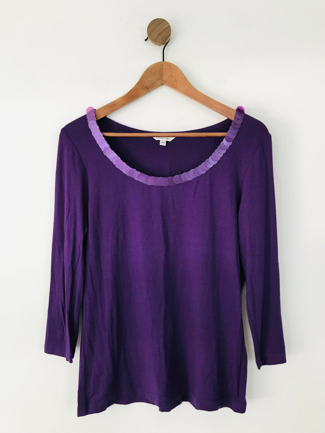 LK Bennett Women's Sequin Neck Long Sleeve T-Shirt | L UK14 | Purple