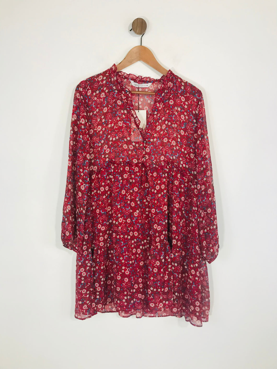 Zara Women's Long Sleeve Floral A-Line Dress NWT | L UK14 | Red