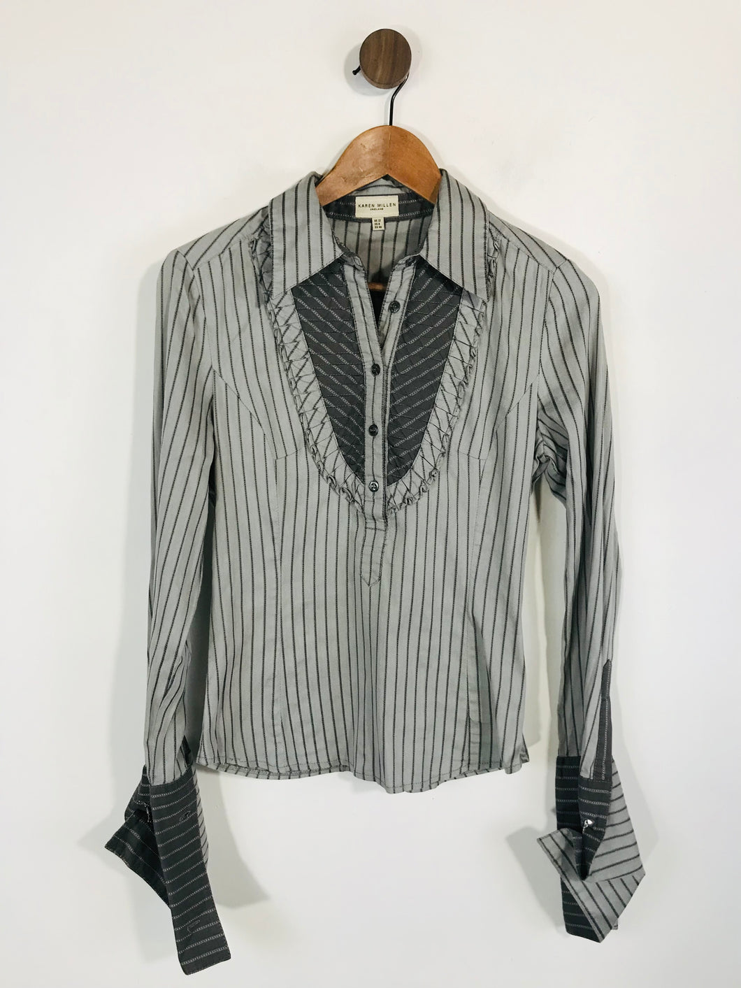 Karen Millen Women's Striped Half Button-Up Shirt | UK12 | Grey