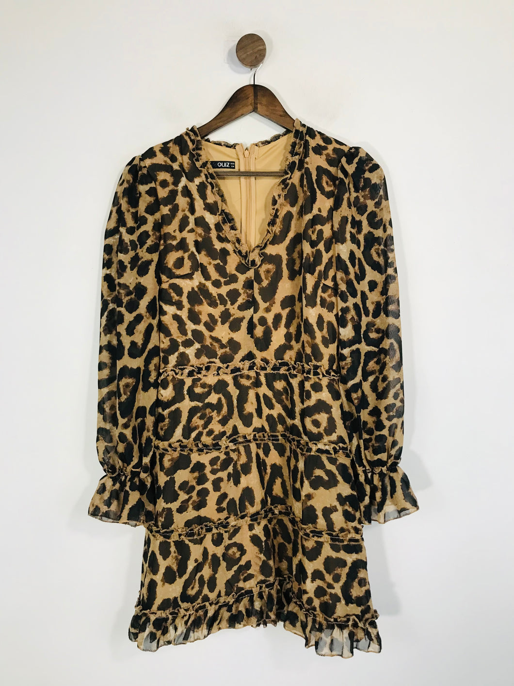 Quiz Women's Leopard Print Ruffle A-Line Dress | UK10 | Brown