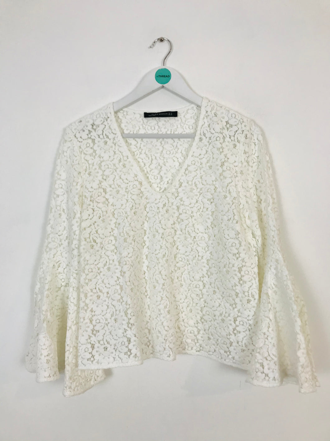 Zara Women’s Floral Lace Flare Sleeve Top Blouse | M | White