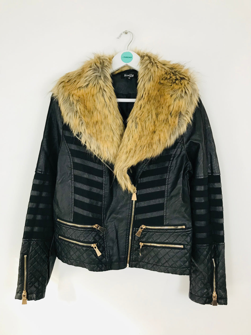 Stella Morgan Women’s Faux Leather Jacket with Fur Collar | UK14 | Blaxk