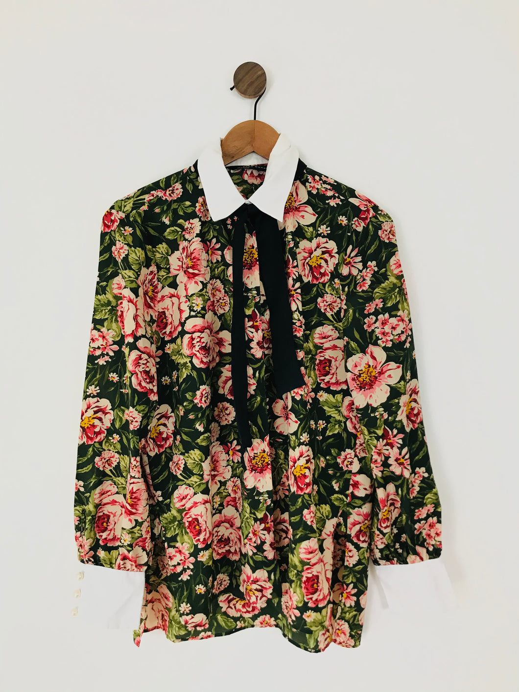 Zara Women’s Floral Tie Blouse Shirt | L UK14 | Green Pink