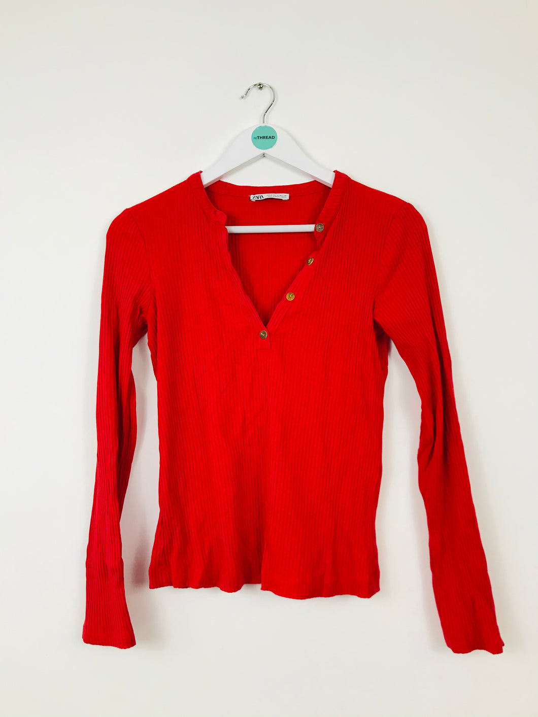Zara Womens Ribbed Knit Long Sleeve Top | S | Red