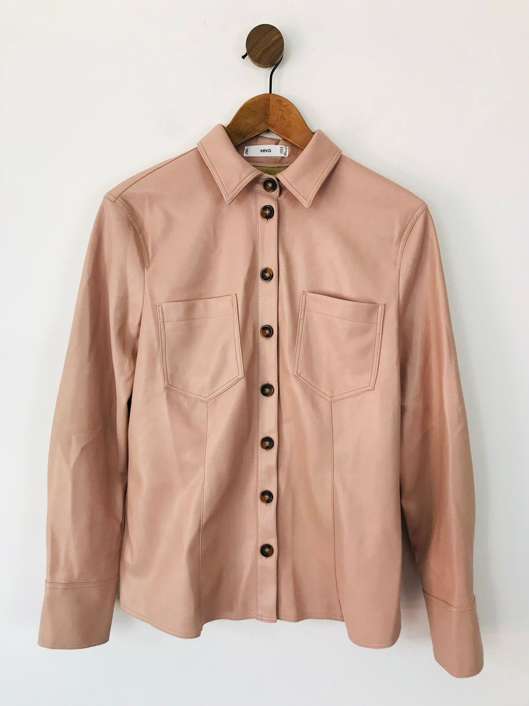 Mango Women's Faux Leather Long Sleeve Button-Up Shirt | M UK10-12 | Pink