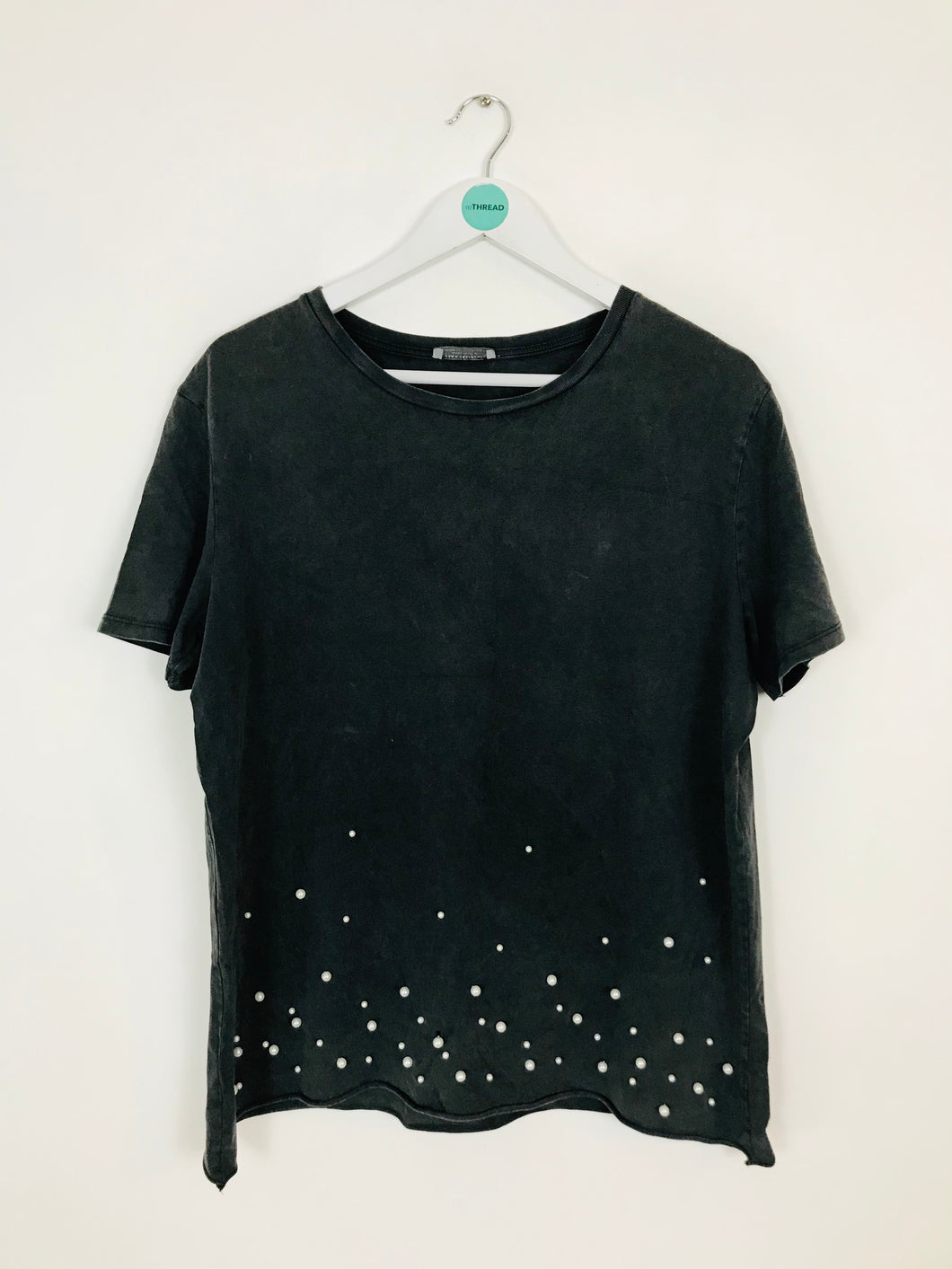 Zara Women’s Oversized Pearl Embellished Tshirt | UK14 | Grey