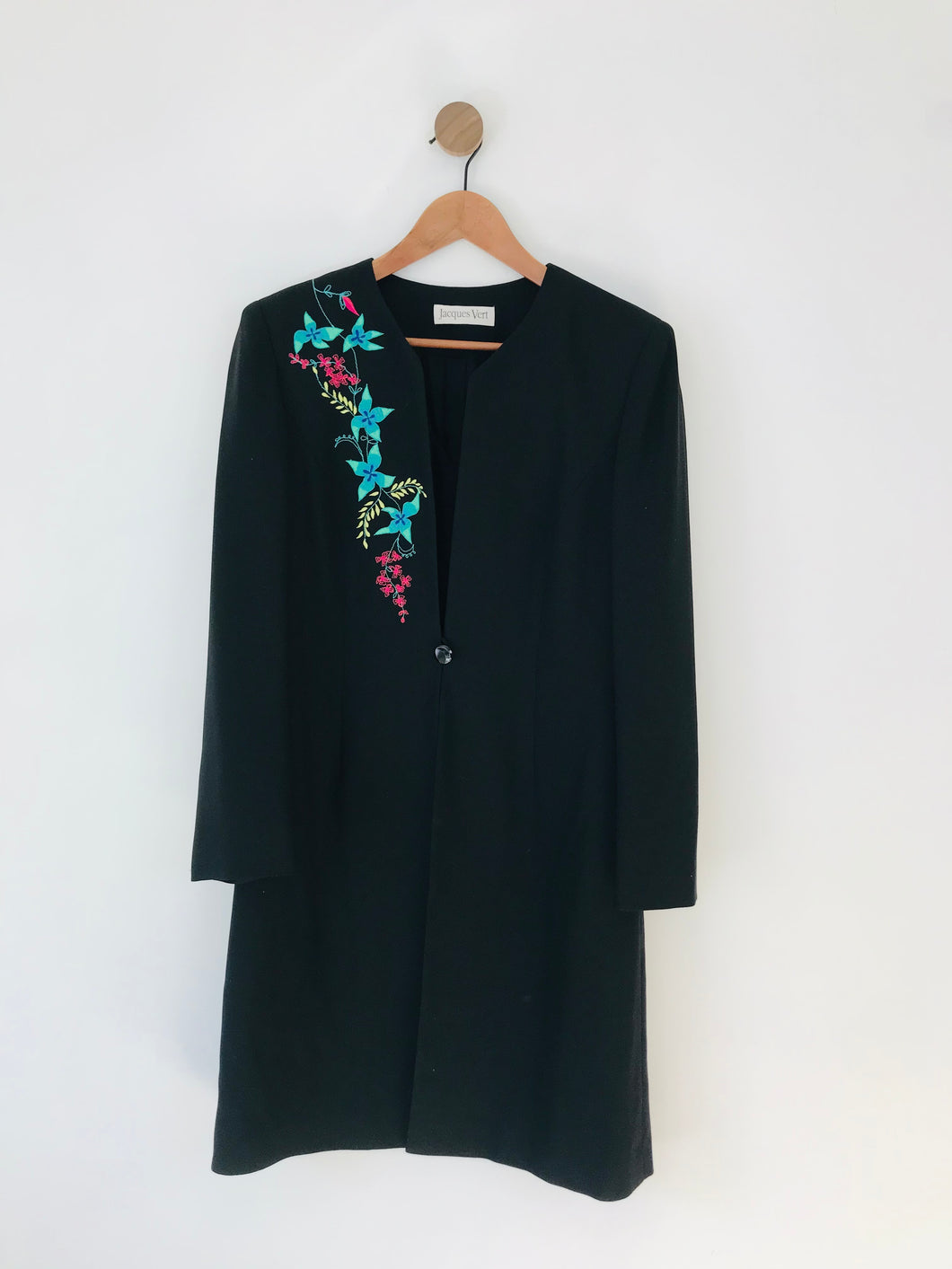 Jacques Vert Women's Floral Embroidered Long Overcoat | UK10 | Black