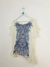 Load image into Gallery viewer, Baraschi Womens Embroidered Sheer Blouse | M | White Blue
