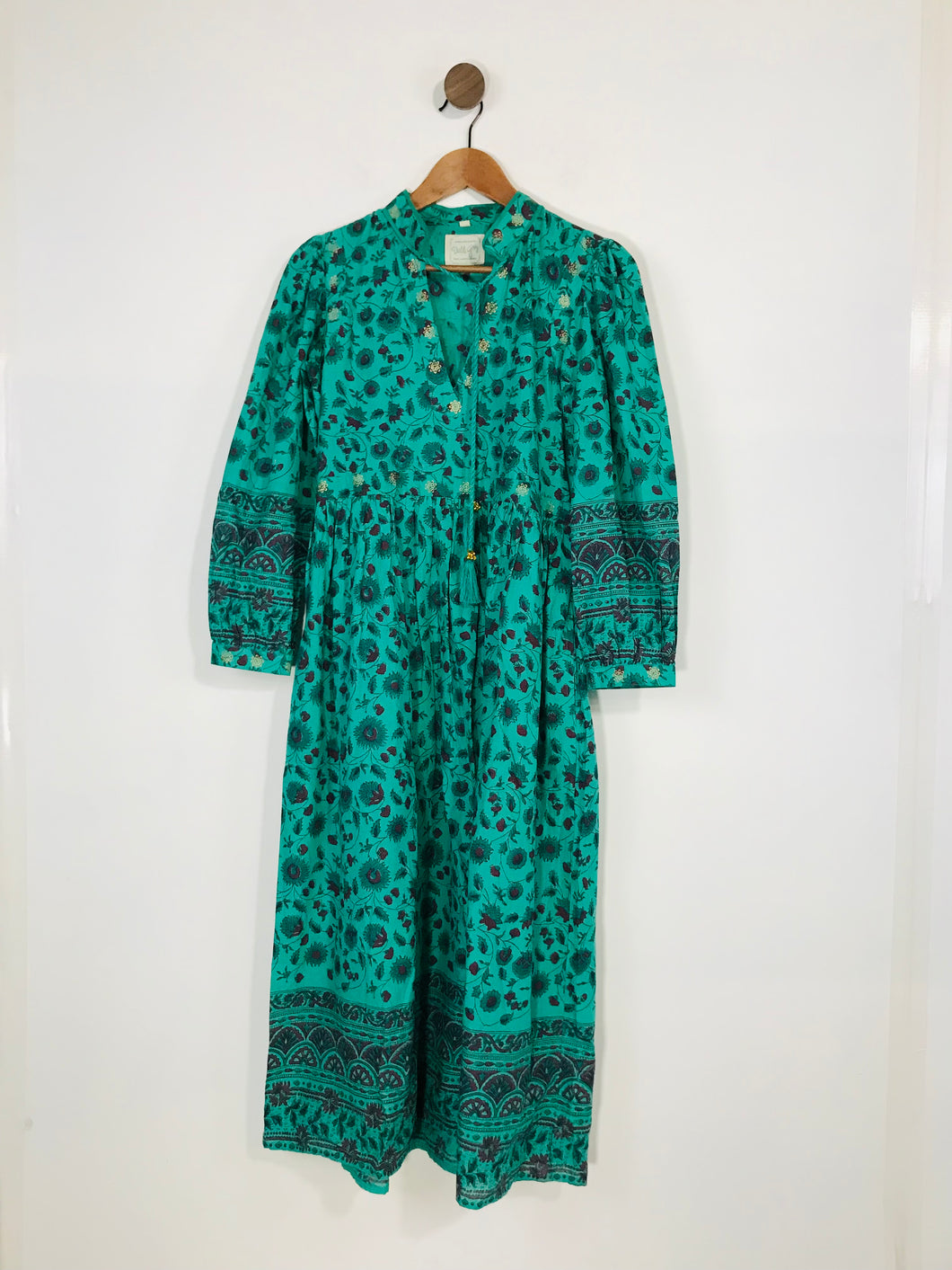 Dilli Grey Women's Boho Floral Long Sleeve Tassel Midi Dress | UK10 | Green
