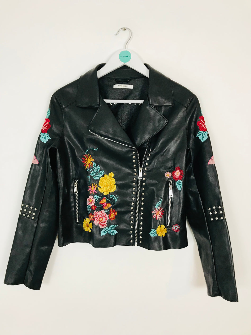Glamorous Women’s Floral Faux Leather Embroidered Biker Jacket | M UK10-12 | Black