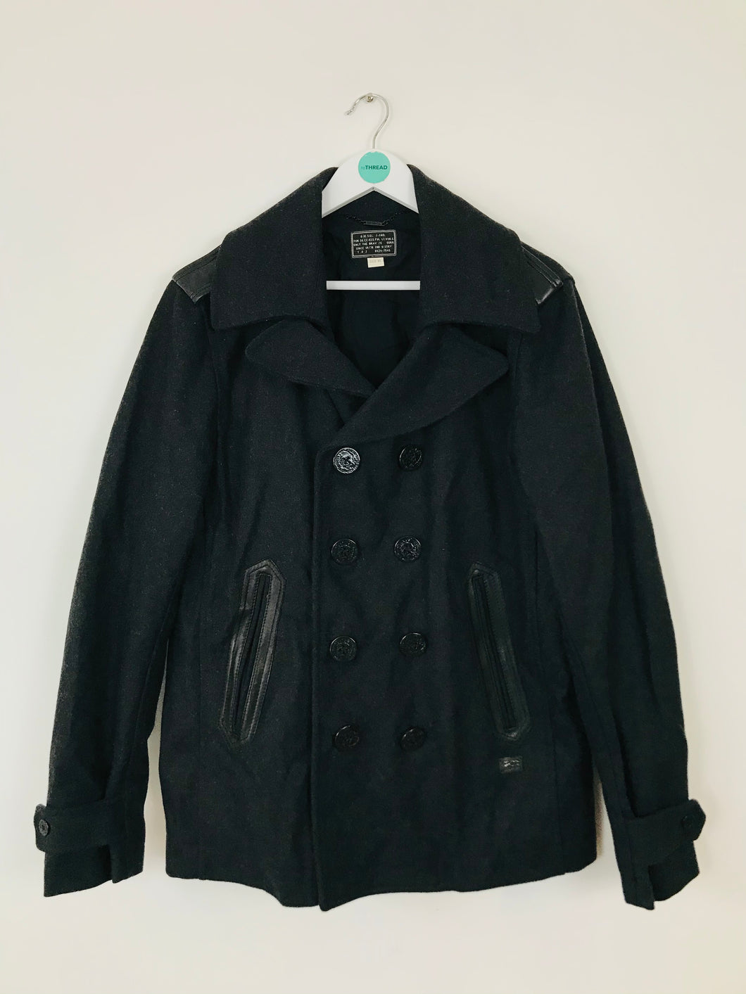 Diesel Men’s Wool Pea Coat Jacket | XL | Dark Grey Black