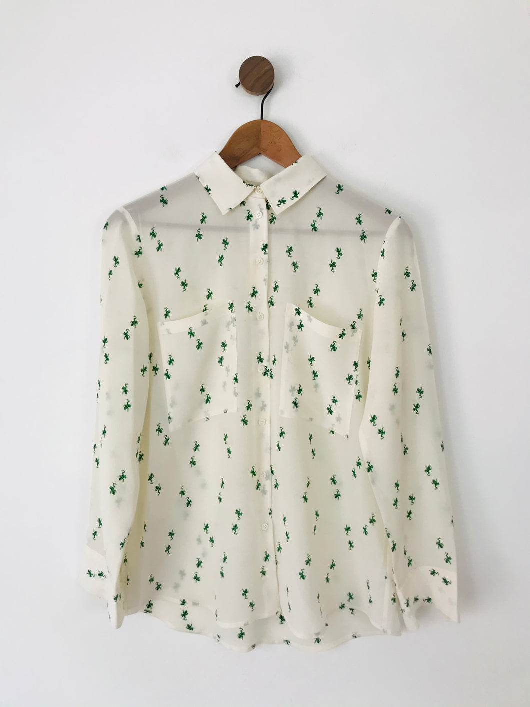 Club Monaco Women's Silk Frog Print Button-Up Shirt | S UK8 | White